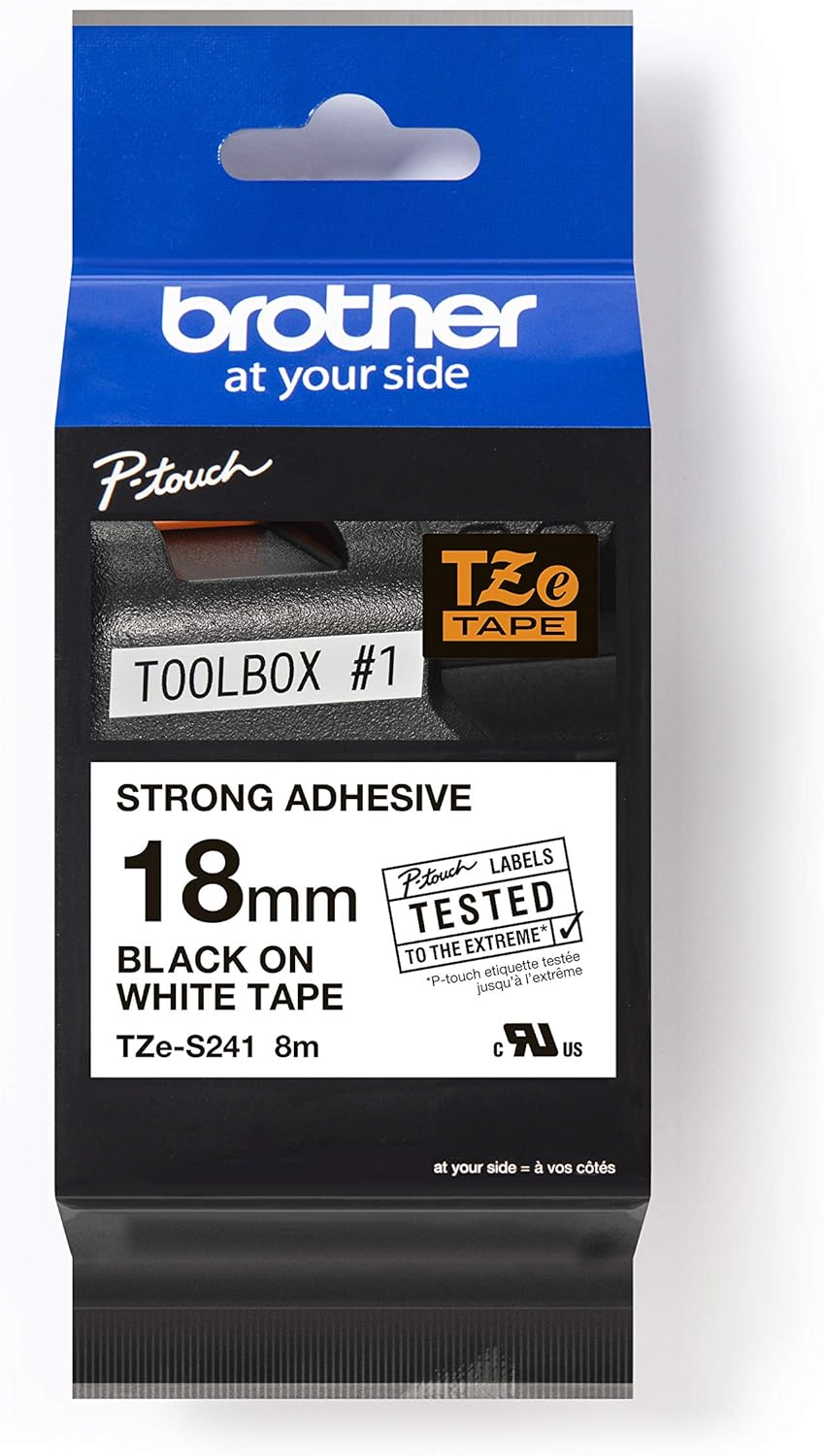 Fita Laminada Brother TZe-S241 1.8cm x 8m Preto em Branco Adesivo Forte