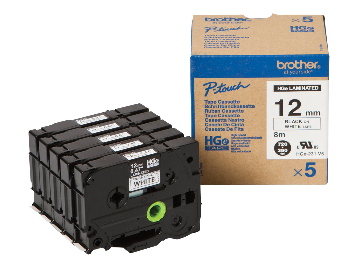 Cassete Fita Laminada Brother HGE231V5 12mm Preto Branco Pack 5 - Imagem 1