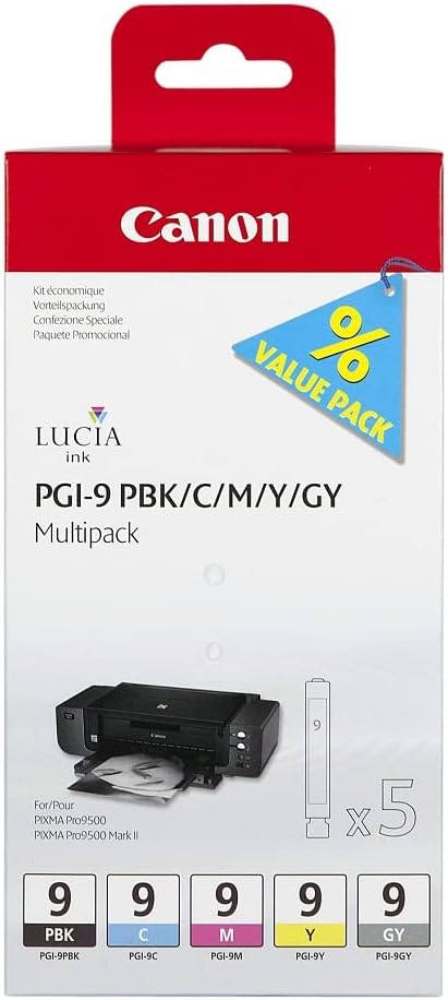 Tinteiro Canon PGI-9 Multipack Pack de 5 Preto Foto Ciano Magenta Amarelo Cinzento Original - Imagem 1