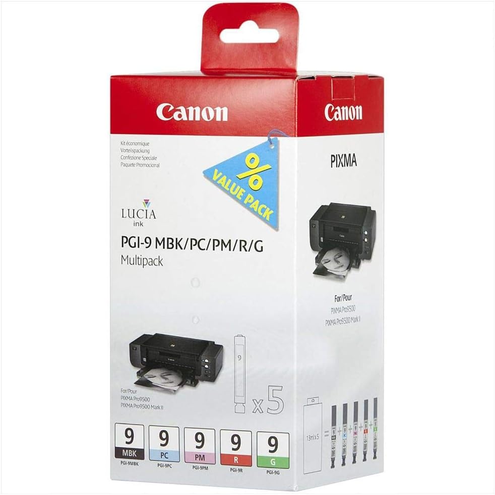 Tinteiros Canon PGI-9 Multi-Pack de 5 Cores (Preto Opaco, Ciano/Magenta Foto, Vermelho, Verde) Original - Imagem 2