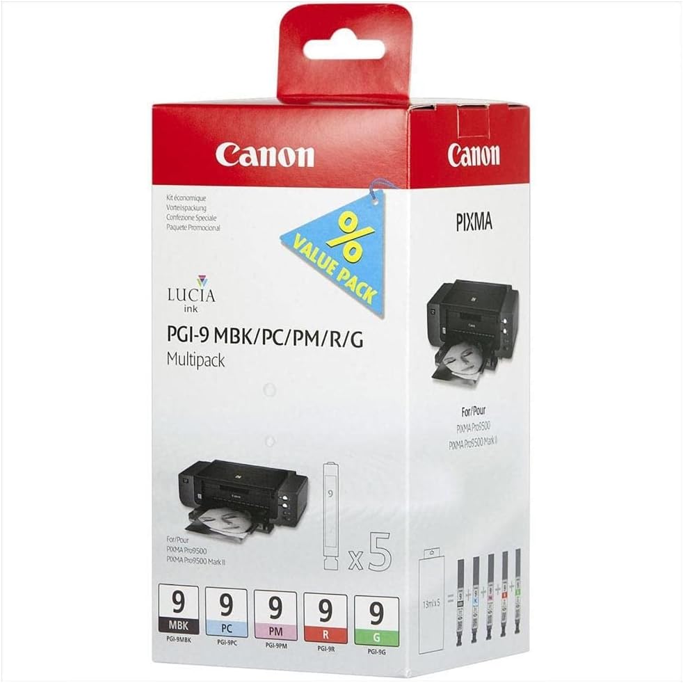 Tinteiros Canon PGI-9 Multi-Pack de 5 Cores (Preto Opaco, Ciano/Magenta Foto, Vermelho, Verde) Original - Imagem 1