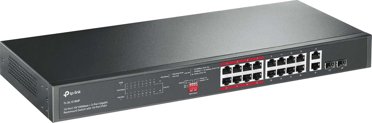 Switch PoE+ TP-LINK 16 Portas 10/100Mbps (192W) c/ Uplink 2x Gigabit RJ45 e 2x Slots Combo SFP