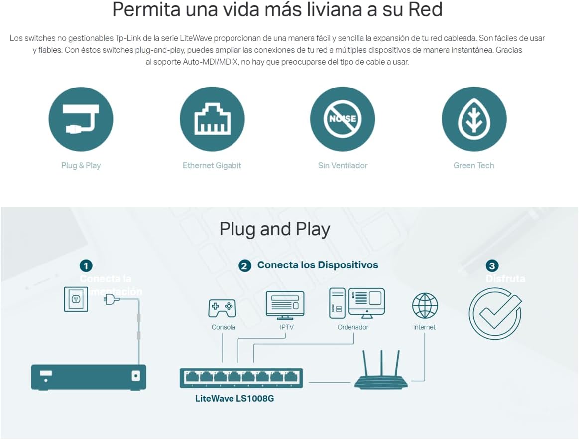 Switch TP-Link LS1008G LiteWave Não Gerido 8 Portas Gigabit - Imagem 6