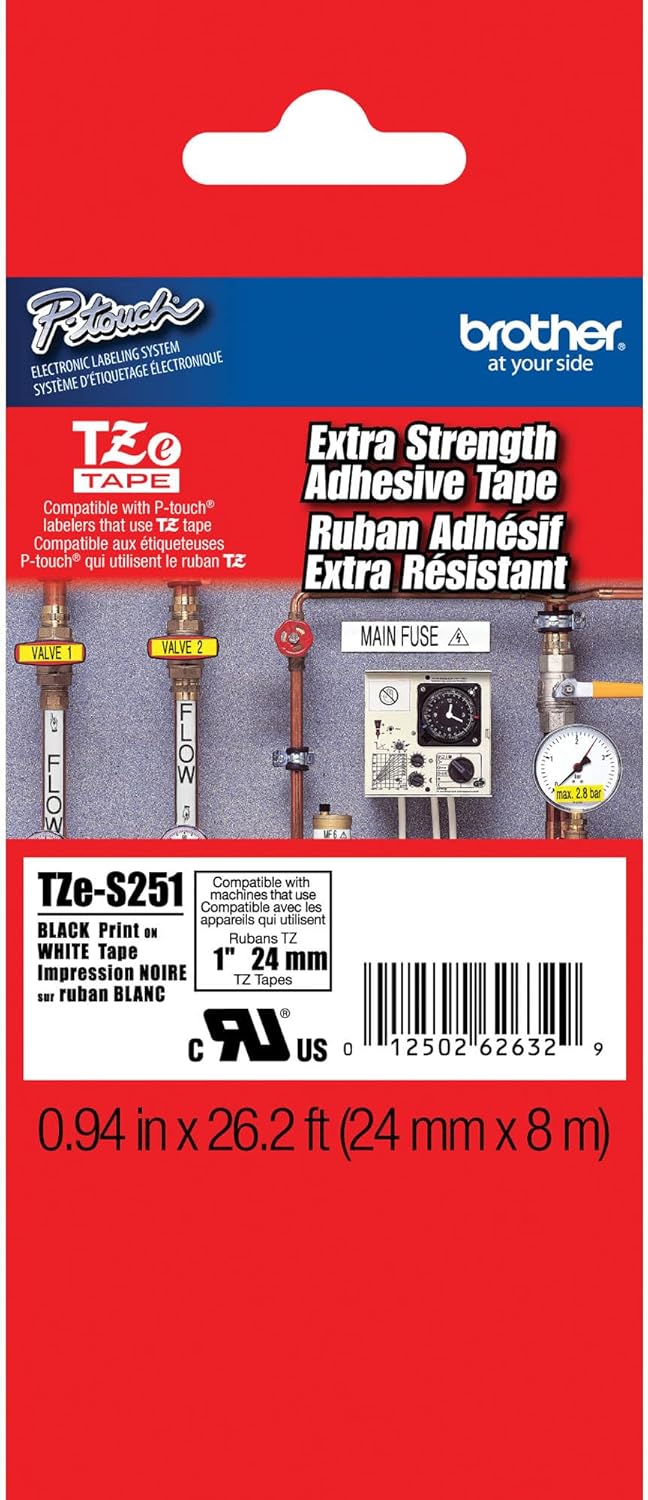 Fita Etiqueta Brother TZe-S251 Extra Resistente Preto Branco 24mm