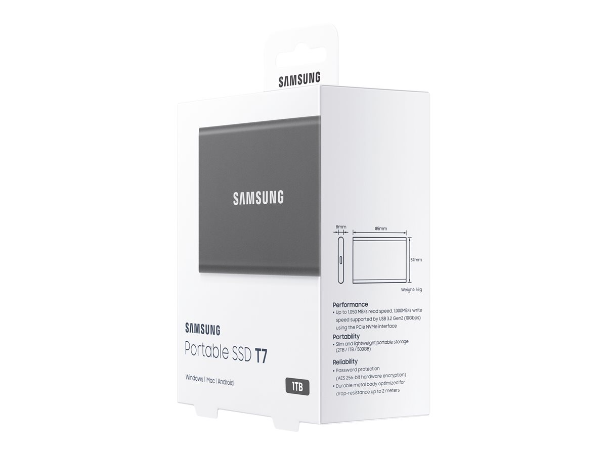 SSD Externo Portátil Samsung T7 MU-PC1T0T 1TB USB 3.2 Gen 2 USB-C 256-bit AES Encriptado Cinzento Titã - Imagem 2