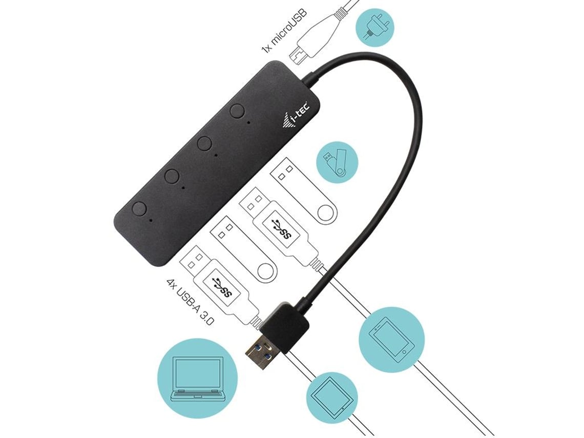 Concentrador USB 3.0 i-Tec 4 Portas Metálico Interruptores Individuais