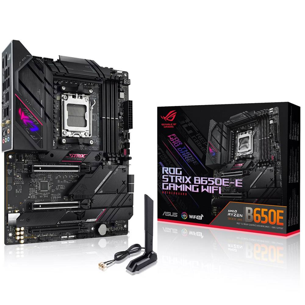 ASUS ROG Strix B650E-E Gaming WiFi - Placa-mãe - ATX - Socket AM5 - AMD B650 Chipset - USB-C 3.2 Gen 2x2, USB-C 3.2 Gen2, USB 3.2 Gen 2, USB 3.2 Gen 1 - 2.5 Gigabit LAN, Wi-Fi 6, Bluetooth - gráfico integrado (necessário CPU) - HD Audio (8-canais)