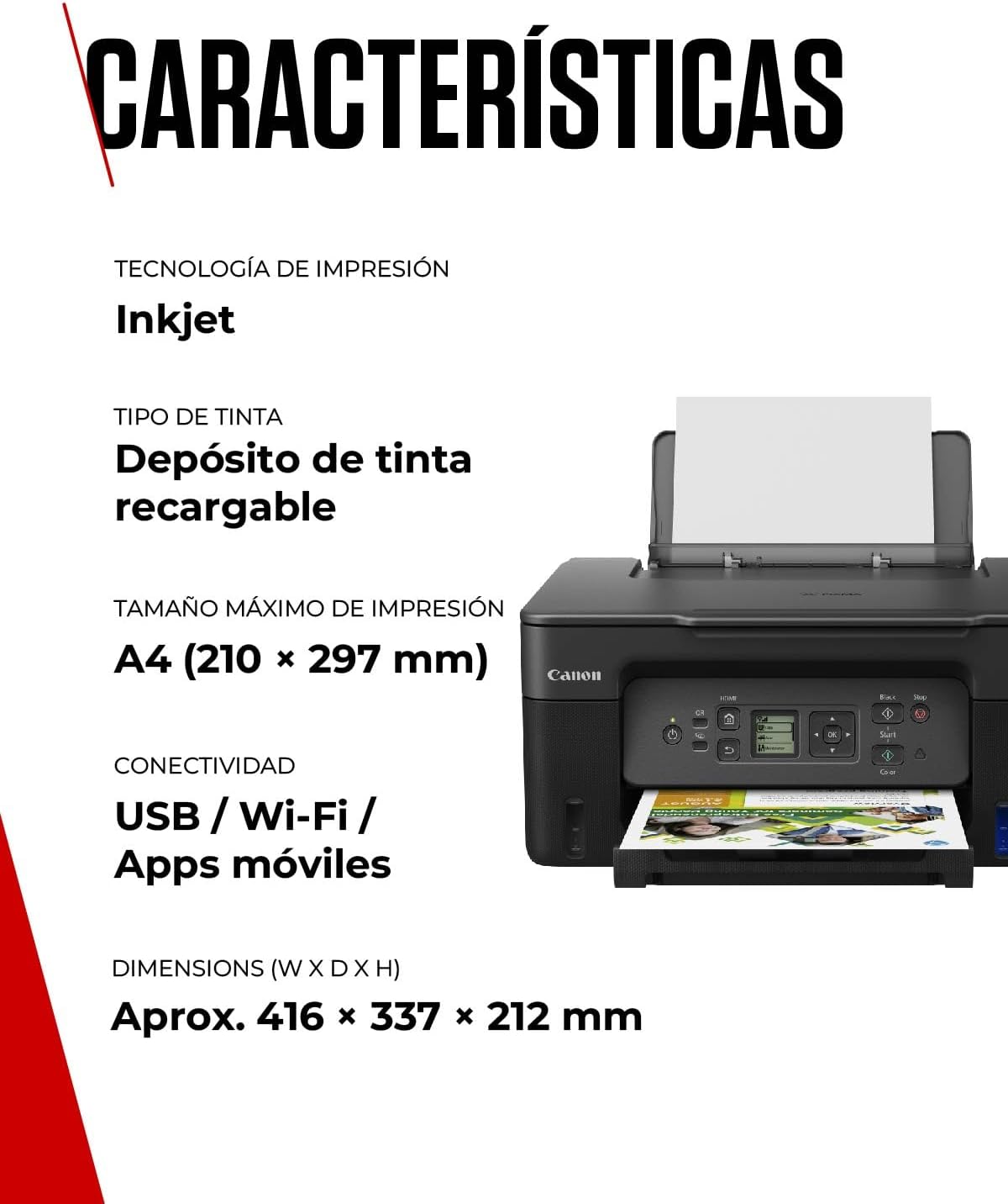 Canon PIXMA G3570 - Impressora multi-funções - a cores - jacto de tinta - recarregável - Legal (216 x 356 mm) (original) - A4/Legal (media) - até 11 ipm (impressão) - 100 folhas - USB 2.0, Wi-Fi(ac) - preto - Imagem 6
