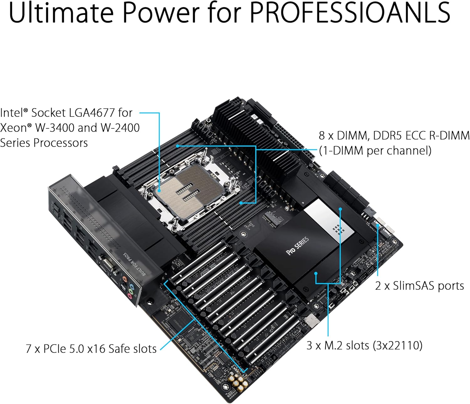 ASUS PRO WS W790E-SAGE SE - Placa-mãe - SSI EEB - LGA4677 Socket-E - W790 Chipset - USB-C 3.2 Gen 2x2, USB 3.2 Gen 2x2, USB-C 3.2 Gen2, USB 3.2 Gen 1 - 10 Gigabit LAN, Gigabit LAN - HD Audio (8-canais) - Imagem 2