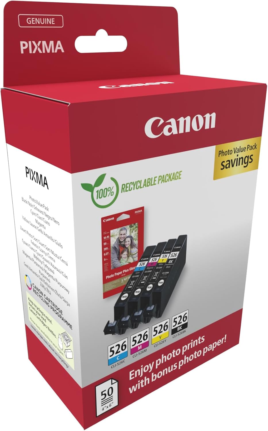 Canon CLI-526 C/M/Y/BK Photo Value Pack - Pack de 4 - 9 ml - amarelo, azul cyan, magenta, preto - original - caixa - kit tinteiro / papel - para PIXMA iP4950, iX6550, MG5250, MG5350, MG6150, MG6250, MG8150, MG8250, MX715, MX885, MX895 - Imagem 2