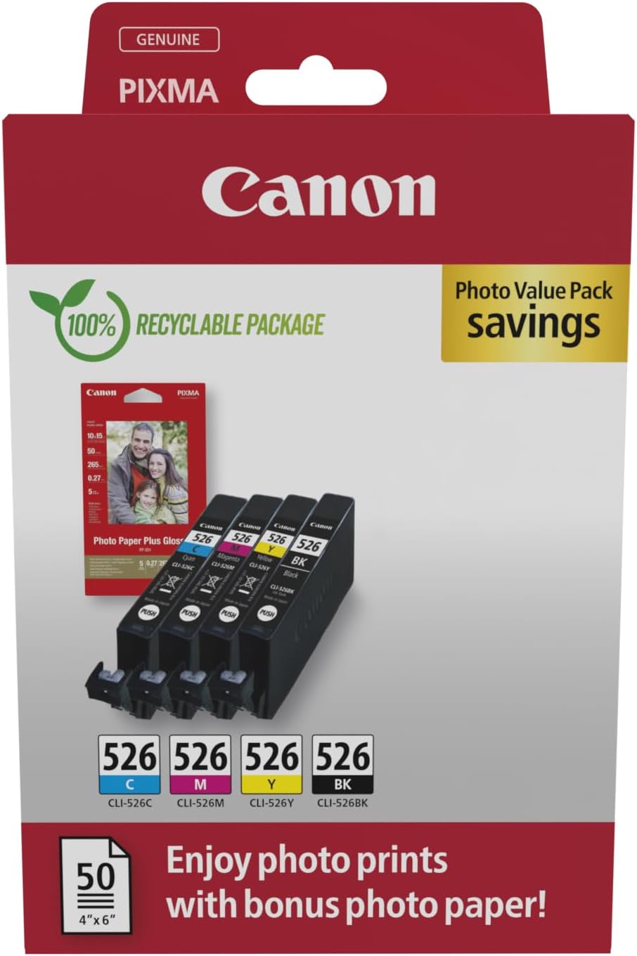 Canon CLI-526 C/M/Y/BK Photo Value Pack - Pack de 4 - 9 ml - amarelo, azul cyan, magenta, preto - original - caixa - kit tinteiro / papel - para PIXMA iP4950, iX6550, MG5250, MG5350, MG6150, MG6250, MG8150, MG8250, MX715, MX885, MX895