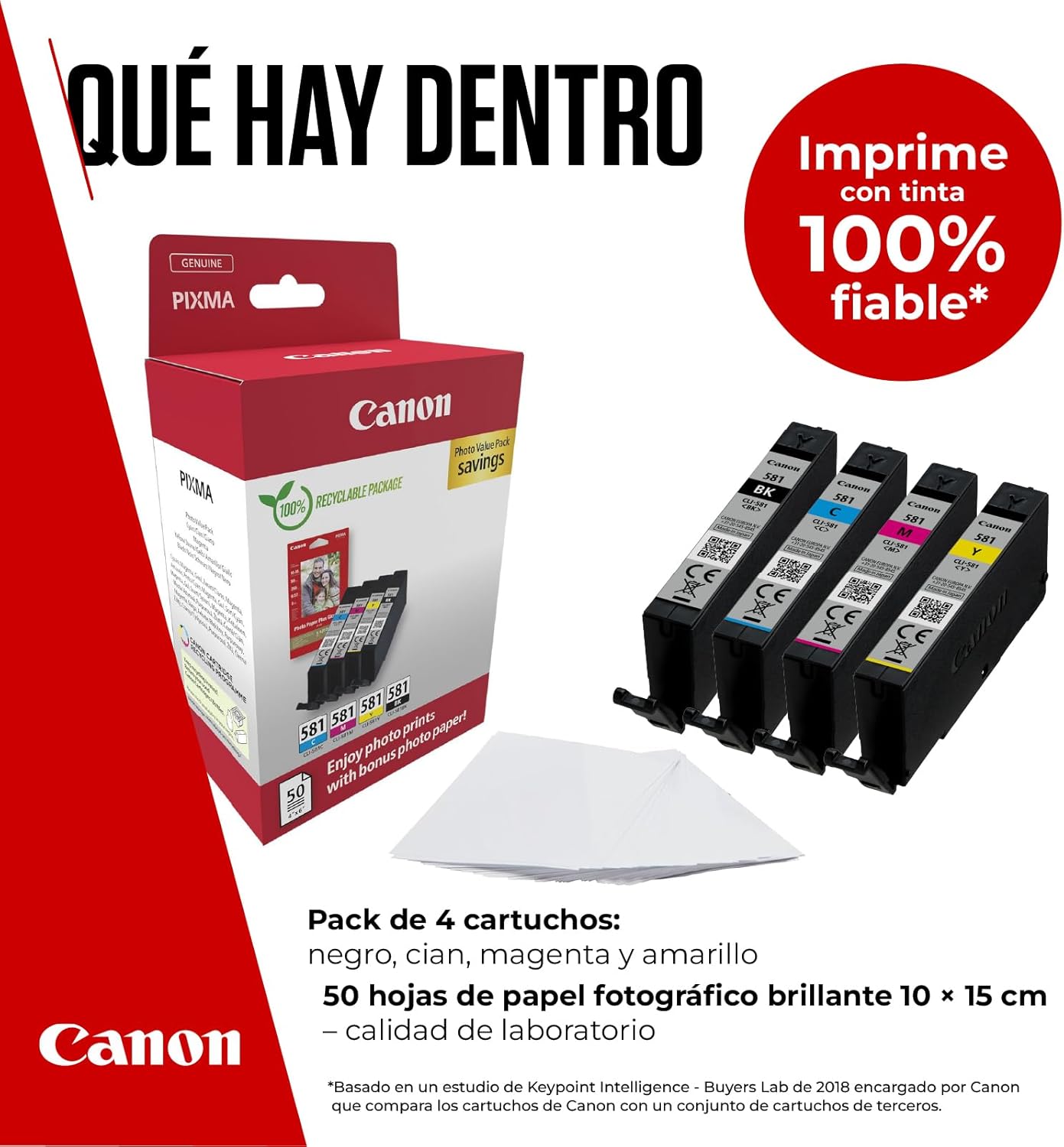 Canon CLI-581 C/M/Y/BK Photo Value Pack - Pack de 4 - 5.6 ml - preto, amarelo, azul cyan, magenta - original - caixa - kit tinteiro / papel - para PIXMA TS6251, TS6350, TS6351, TS705, TS8252, TS8350, TS8351, TS8352, TS9550, TS9551 - Imagem 2