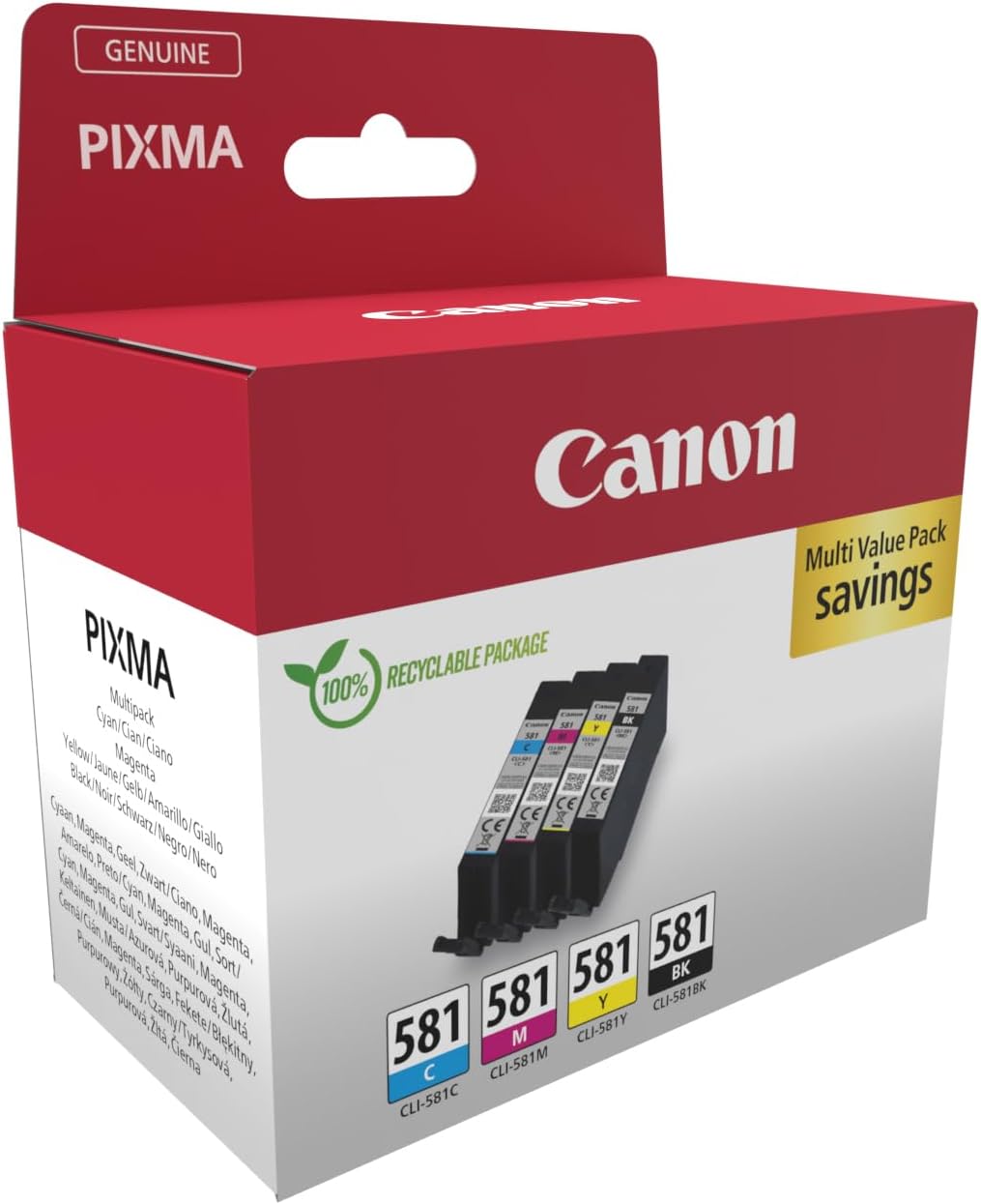 Canon CLI-581 BK/C/M/Y Multi Pack - Pack de 4 - 5.6 ml - preto, amarelo, azul cyan, magenta - original - caixa - tanque de tinta - para PIXMA TS6251, TS6350, TS6351, TS705, TS8252, TS8350, TS8351, TS8352, TS9550, TS9551 - Imagem 2
