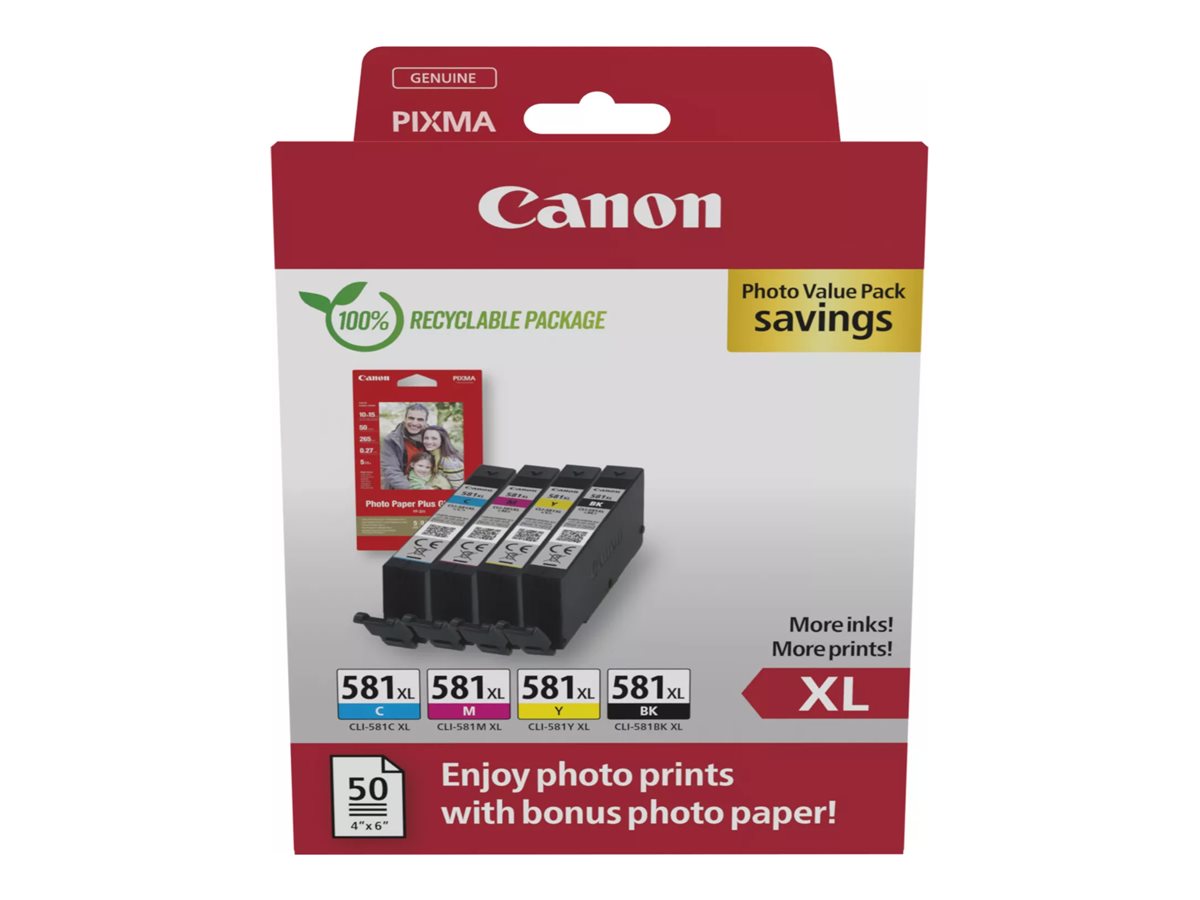 Kit Tinteiros Canon CLI-581XL XL Pack 4 Cores + Papel
