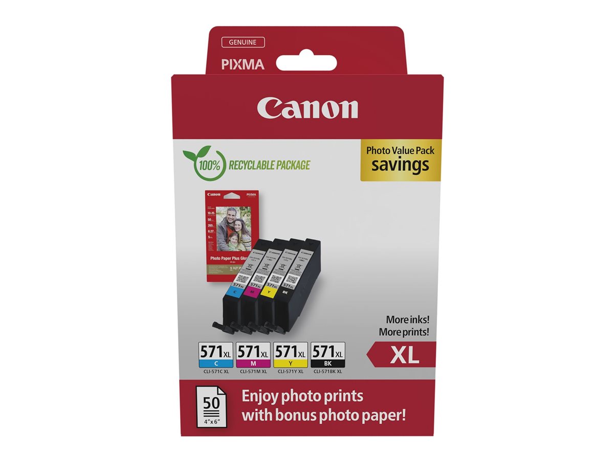 Kit Tinteiros e Papel Canon CLI-571 XL C/M/Y/BK Photo Value Pack Originais 11ml Alto Rendimento para PIXMA TS
