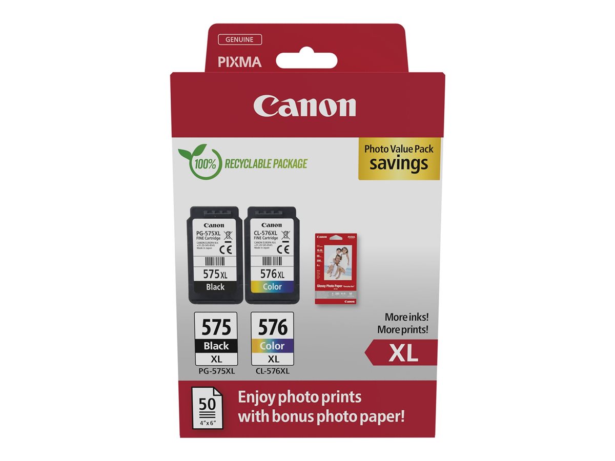 Kit Tinteiro e Papel Fotográfico Canon PG-575XL/CL-576XL Pack de 2 Alto Rendimento Preto e Cor Original
