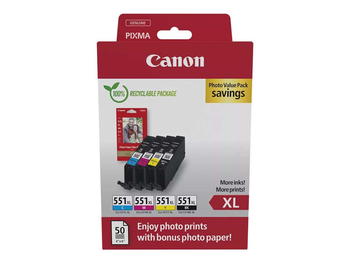 Tinteiros Canon CLI-551XL C/M/Y/BK Photo Value Pack Original 4 Unidades XL 11ml Cores c/ Papel - Imagem 1