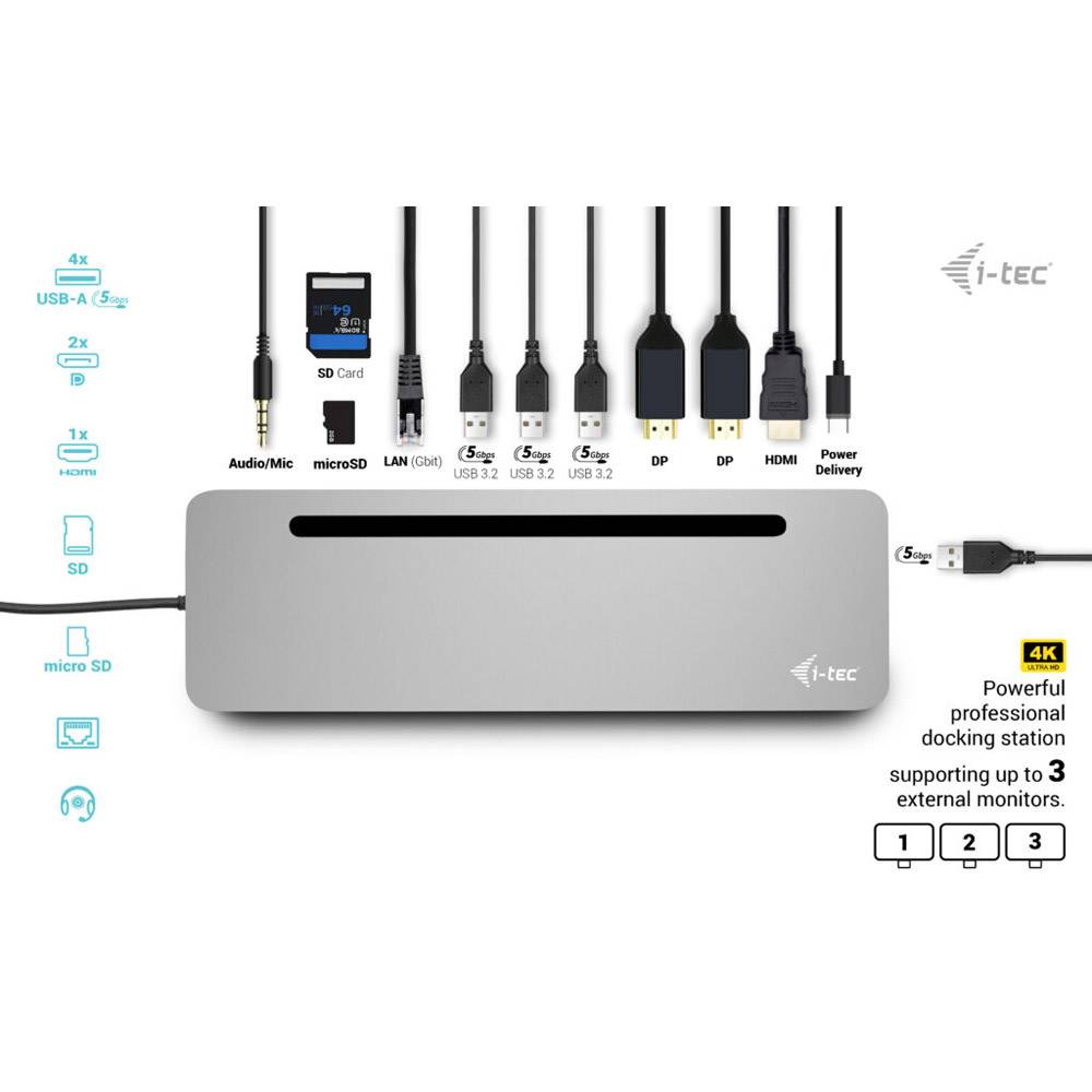 i-Tec 11-in-1 - Estação de engate - para portátil, tablet - USB-C / USB4 / Thunderbolt 3 / Thunderbolt 4 - 11-slot - 2 x DP, HDMI - 1GbE - 100 Watt - Imagem 3
