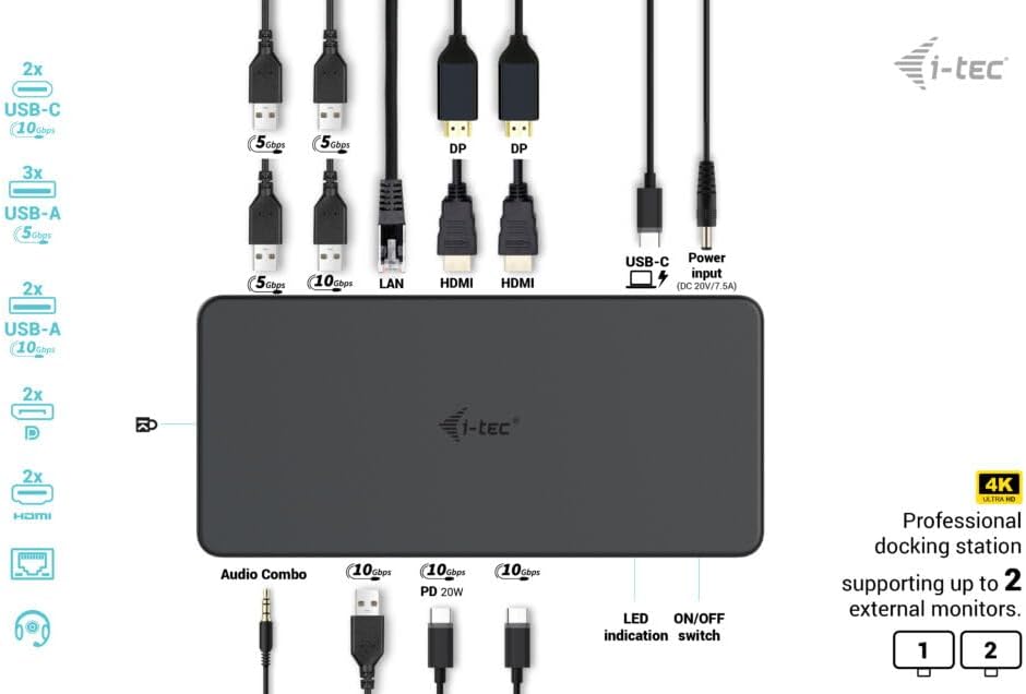 Estação de Engate I-TEC Professional Dual 4K Gen 2 USB-C Thunderbolt 3 USB 3.0 2x DP 2x HDMI 1GbE 100W PD Preto - Imagem 5