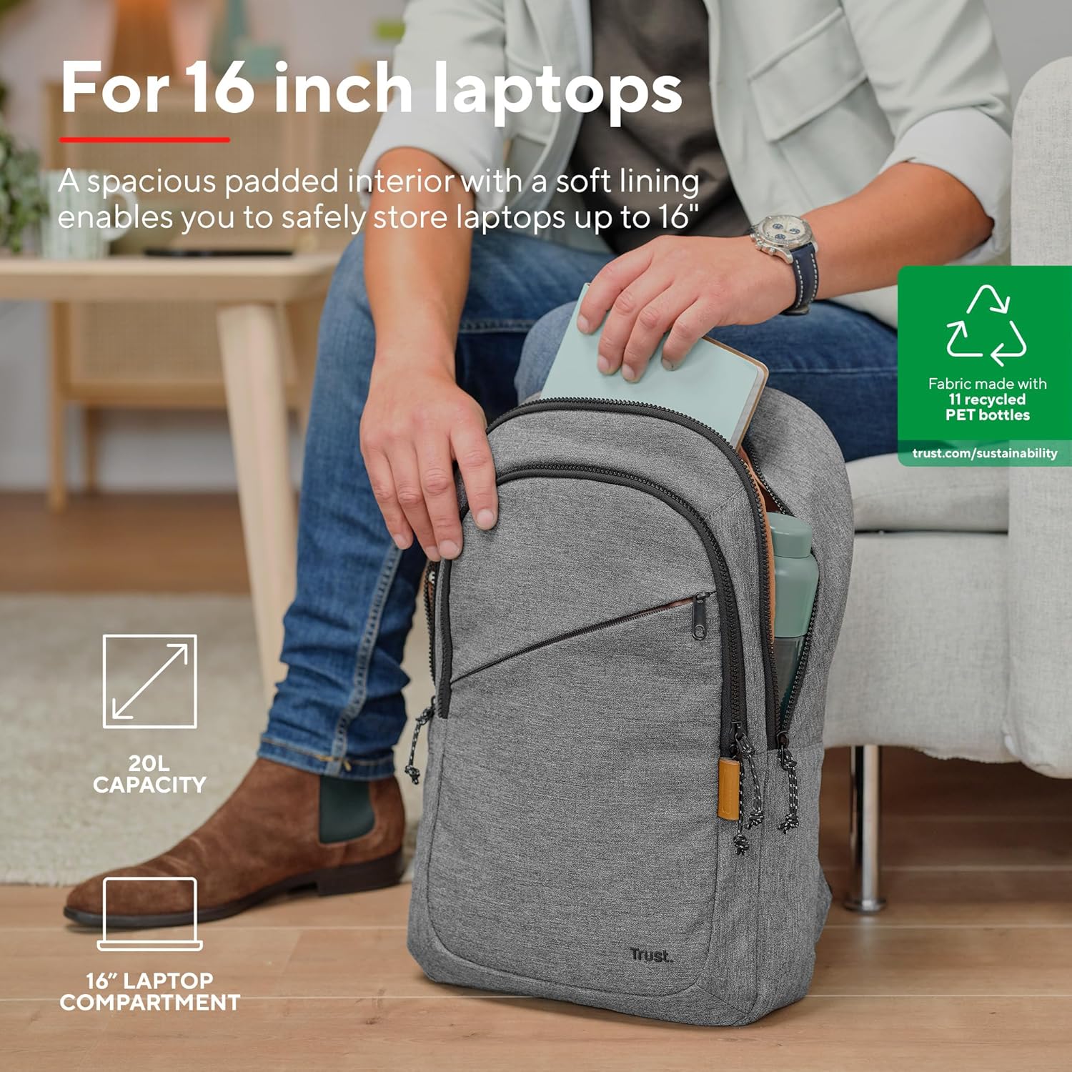 Trust Avana - Bolsa para transporte de notebook - amigo do ambiente - 16" - cinza - Imagem 2