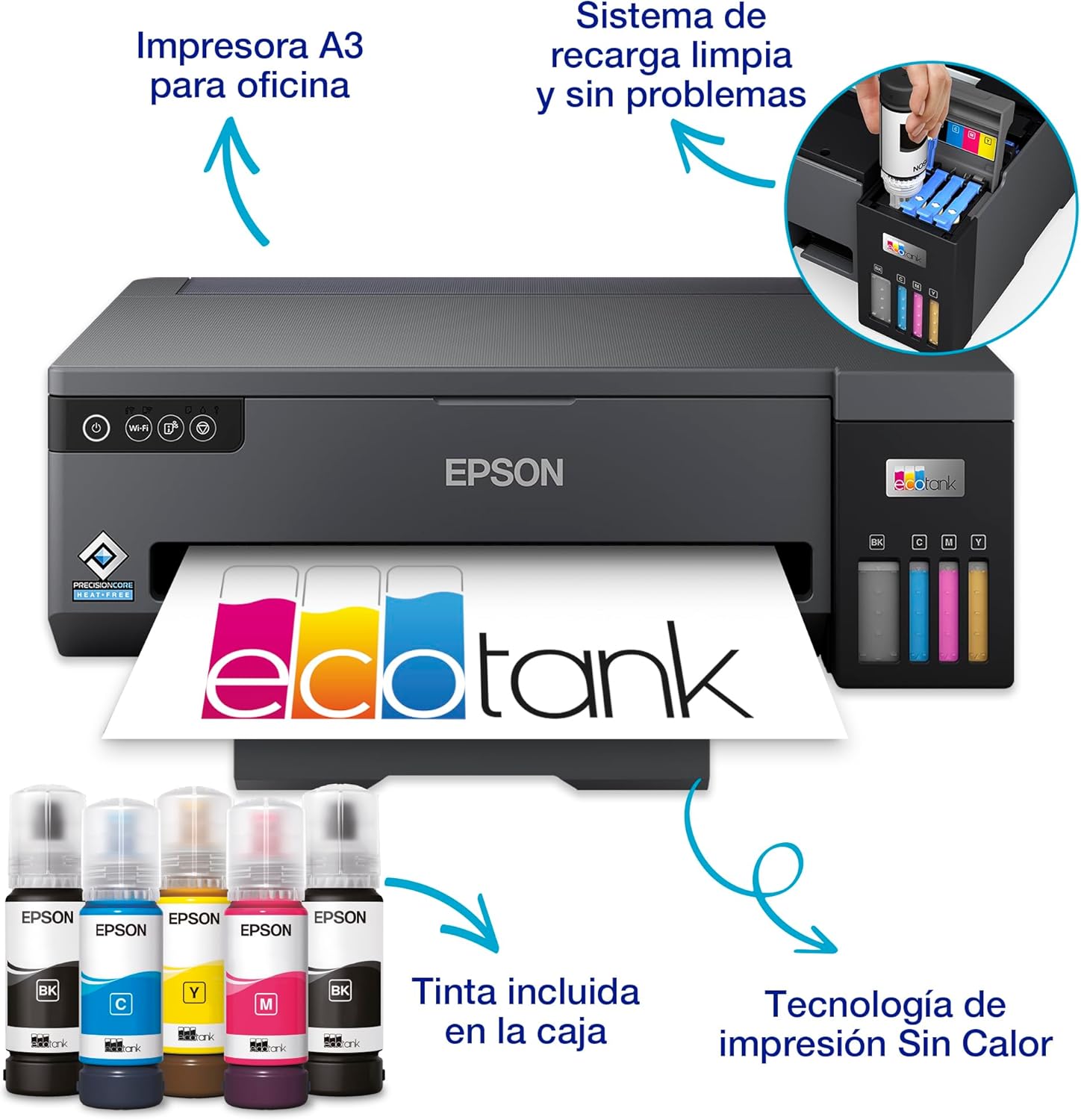 Epson EcoTank ET-14100 - Impressora - a cores - jacto de tinta - ITS - A3 - 4800 x 1200 ppp - até 15 ppm (mono) / até 8 ppm (cor) - capacidade: 100 folhas - USB, Wi-Fi - preto - Imagem 2