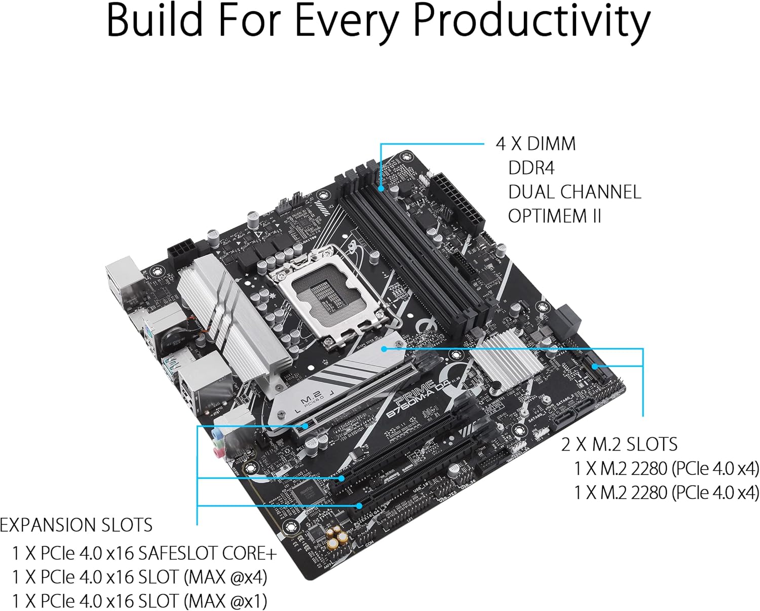 ASUS PRIME B760M-A D4-CSM - Placa-mãe - micro ATX - tomada LGA1700 - B760 Chipset - USB-C 3.2 Gen 1, USB 3.2 Gen 2, USB 3.2 Gen 1 - 2.5 Gigabit LAN - gráfico integrado (necessário CPU) - HD Audio (8-canais) - Imagem 3