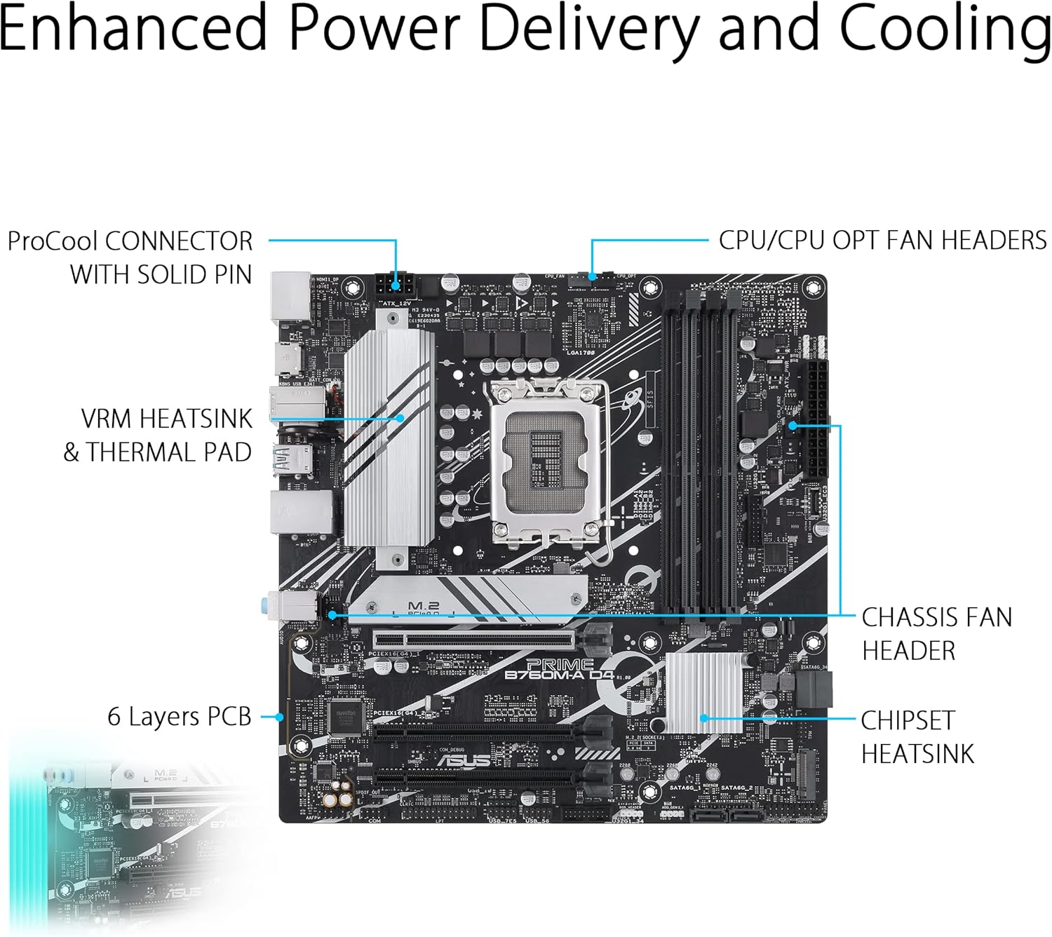 ASUS PRIME B760M-A D4-CSM - Placa-mãe - micro ATX - tomada LGA1700 - B760 Chipset - USB-C 3.2 Gen 1, USB 3.2 Gen 2, USB 3.2 Gen 1 - 2.5 Gigabit LAN - gráfico integrado (necessário CPU) - HD Audio (8-canais) - Imagem 2