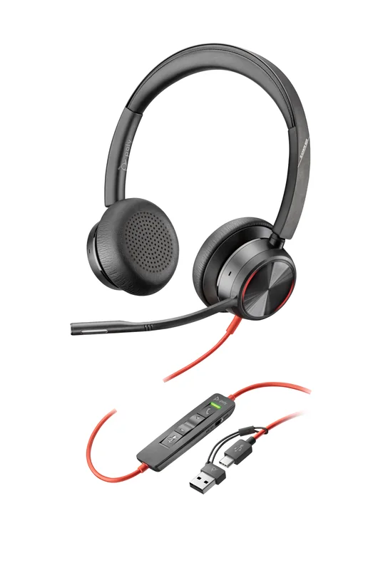 Auscultadores Headset HP Poly Blackwire 8225 Stereo USB-C com Adaptador USB-C/A Preto