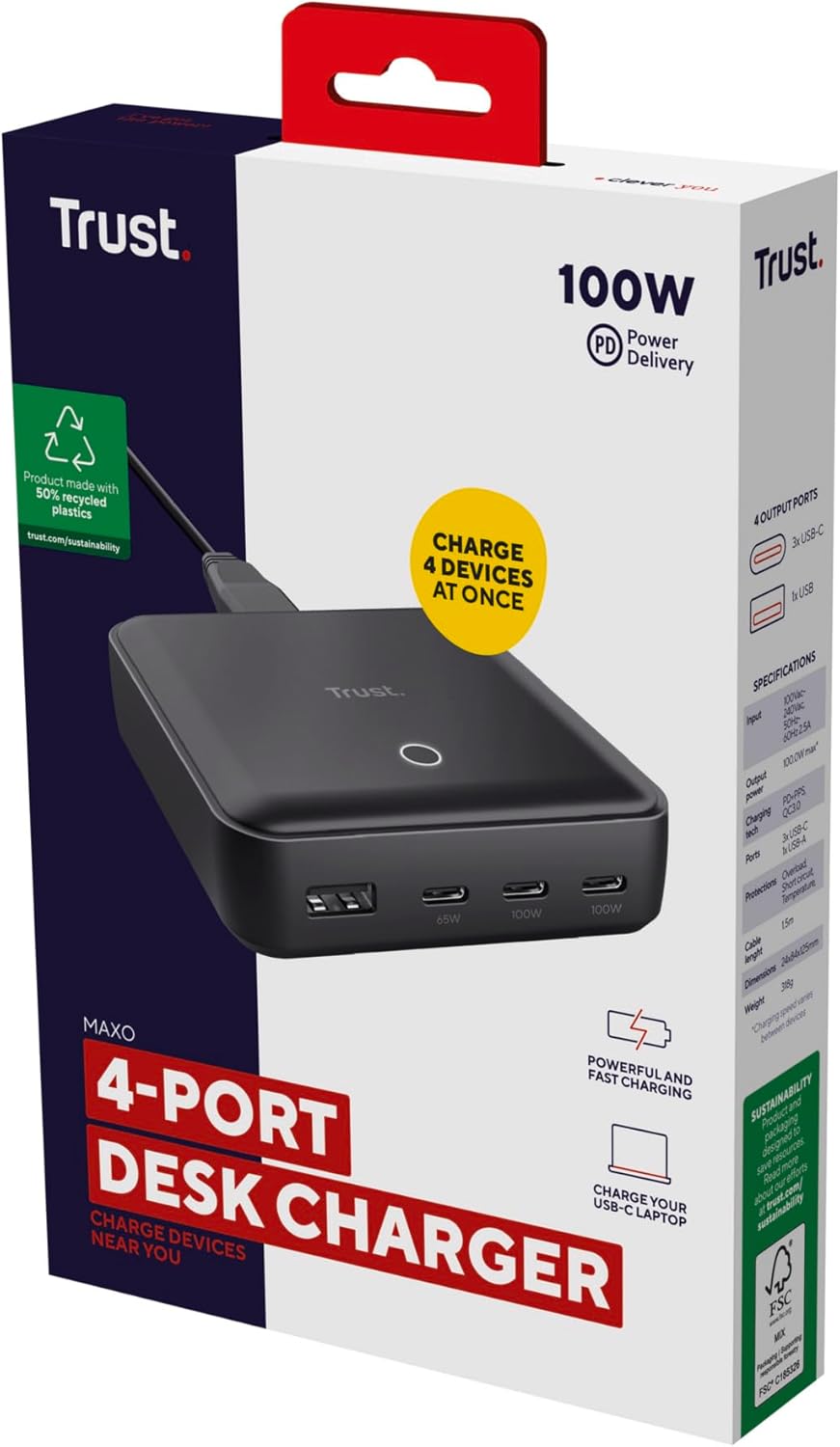 Carregador de Secretária Trust Maxo ECO 100W 4 Portas (3x USB-C + 1x USB-A) Power Delivery 3.0 PPS Preto - Imagem 11