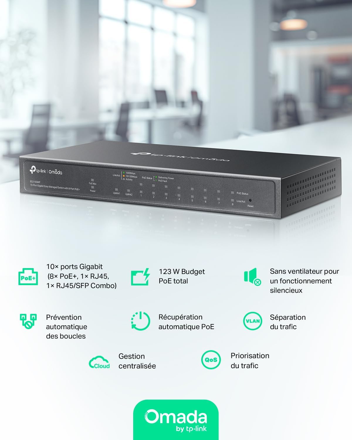 Switch Gigabit TP-Link Omada ES210GMP 10 Portas 8 PoE+ 123W 1 SFP Administrado Desktop/Parede - Imagem 5
