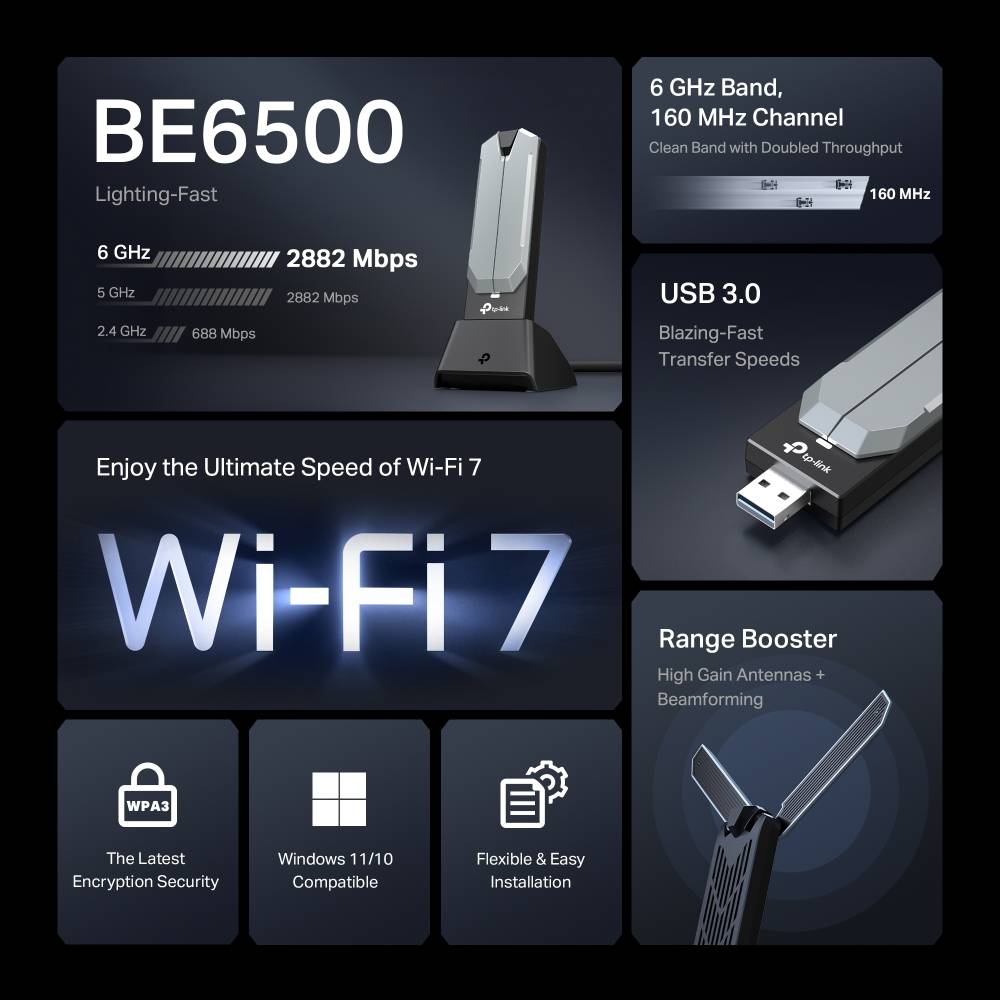 Adaptador de Rede USB TP-Link Archer TBE400UH BE6500 Wi-Fi 7 Tri-Band 6500Mbps Alta Ganho USB 3.0 - Imagem 3