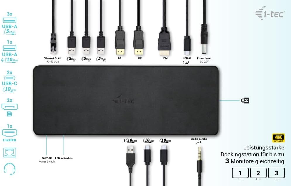 Docking Station i-Tec USB-C 3.2 Gen 2 / Thunderbolt 3/4 3x Display HDMI 2x DP 1GbE 100W PD Preto - Imagem 2