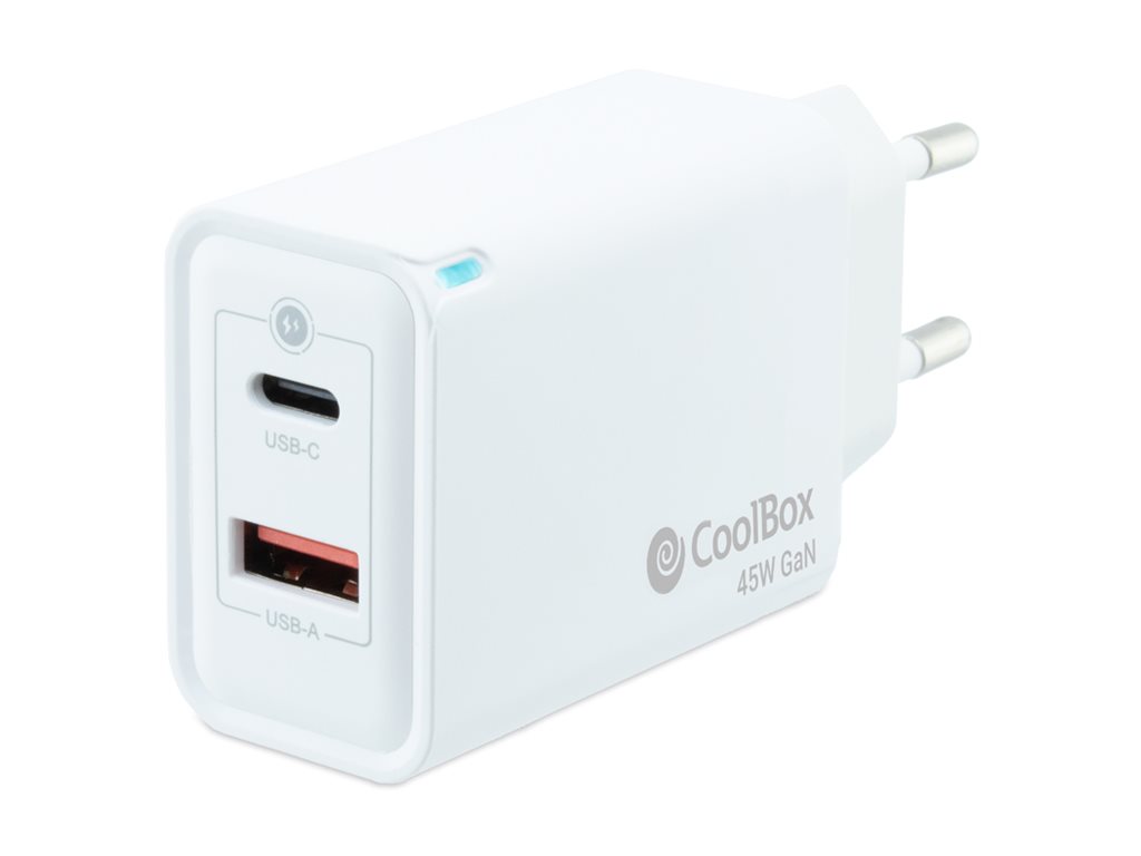 Carregador CoolBox GaN 45W PD QC 3.0 2 Portas USB-A USB-C