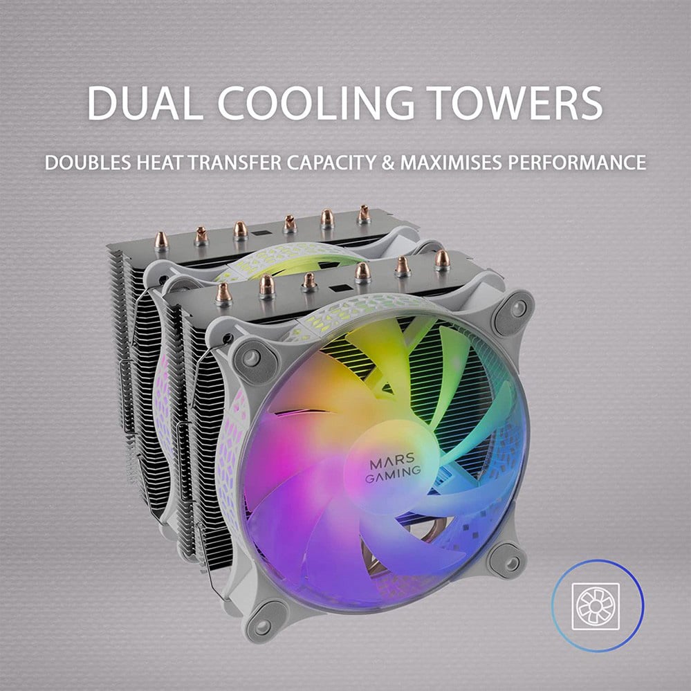 Cooler CPU MARS GAMING MCPU-XT Torre Dupla 2x Ventoinhas 12cm ARGB Branco - Imagem 3