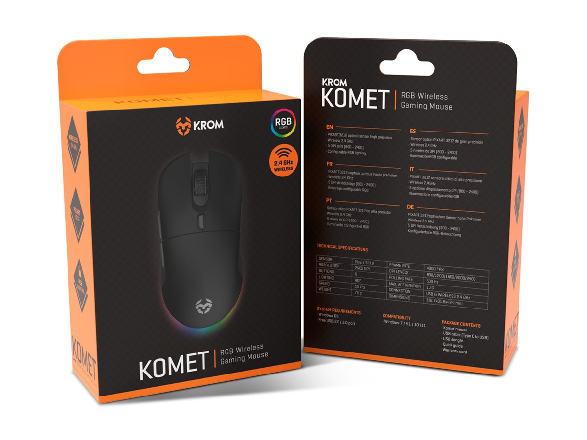 Rato Gaming Krom Komet Ergonómico Sem Fios RGB Preto - Imagem 1