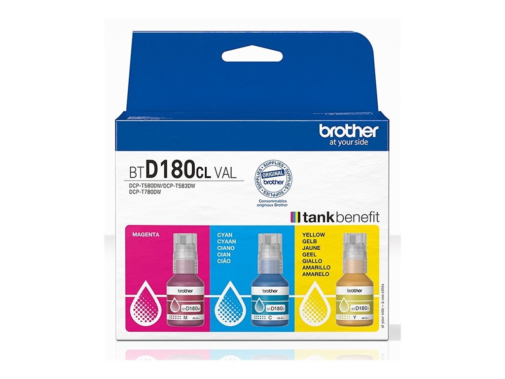 Pack de Tintas BROTHER BTD180CL CMY 3 Garrafas até 5.000 Páginas/Garrafa p/ DCP-T580DW T780DW