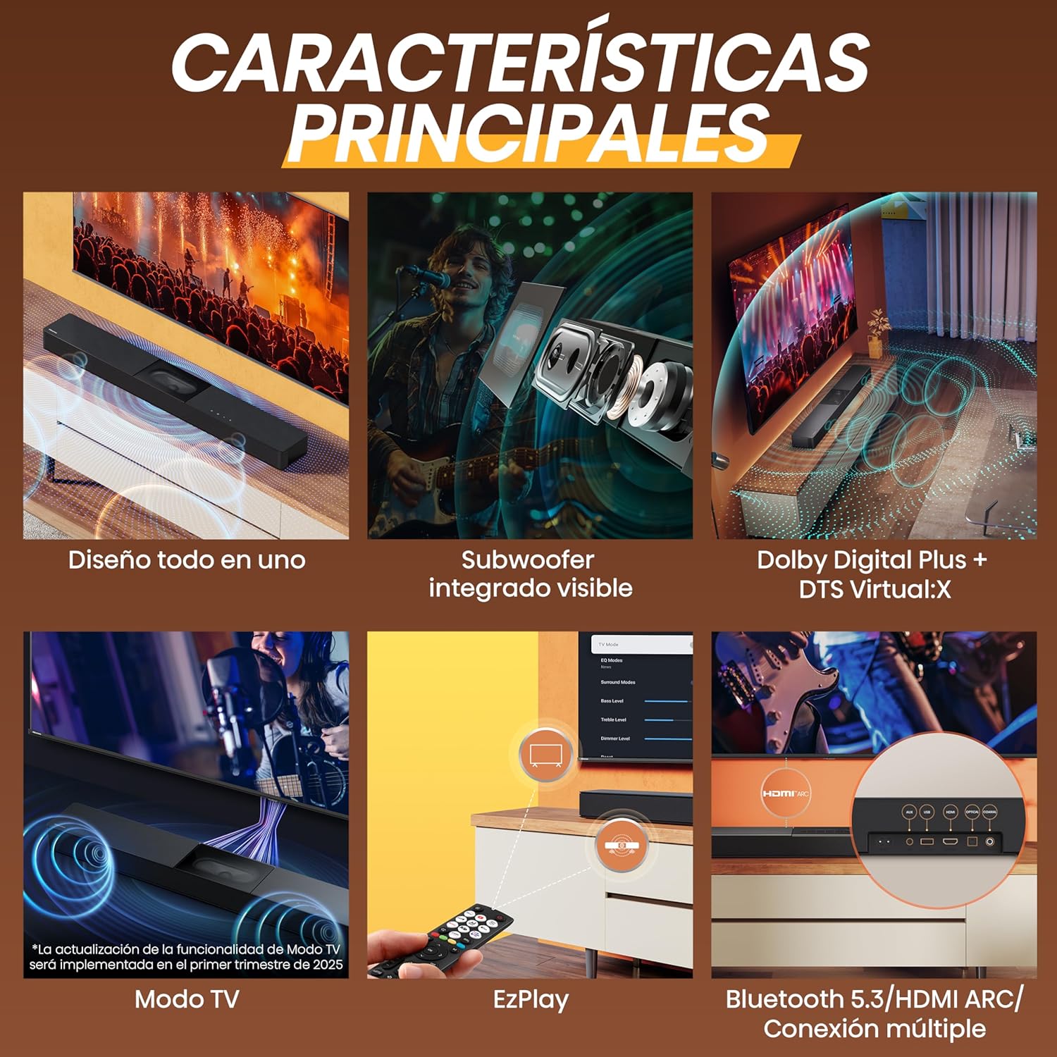 Barra de Som Hisense HS2000 Canal 2.1 Bluetooth USB HDMI ARC com Kit de Montagem na Parede Preto - Imagem 6