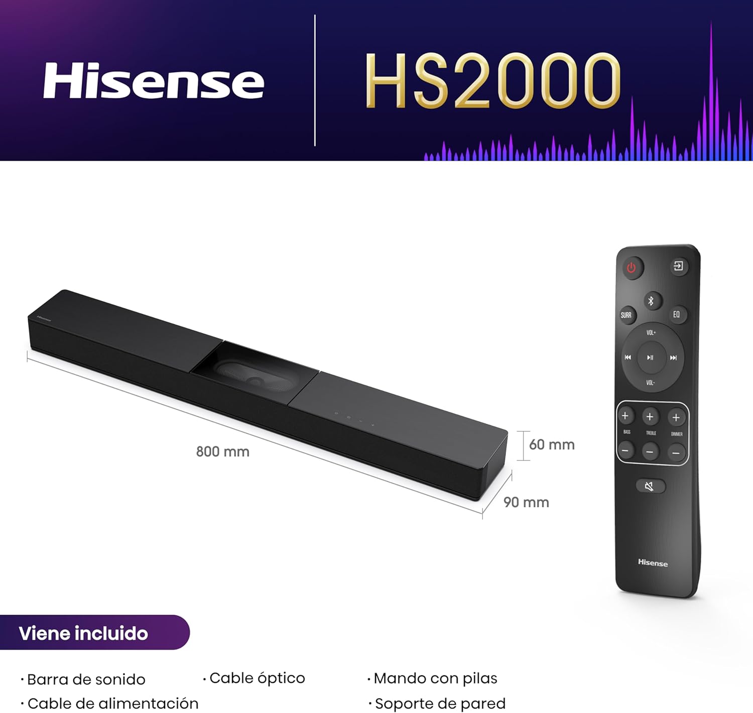 Barra de Som Hisense HS2000 Canal 2.1 Bluetooth USB HDMI ARC com Kit de Montagem na Parede Preto - Imagem 3