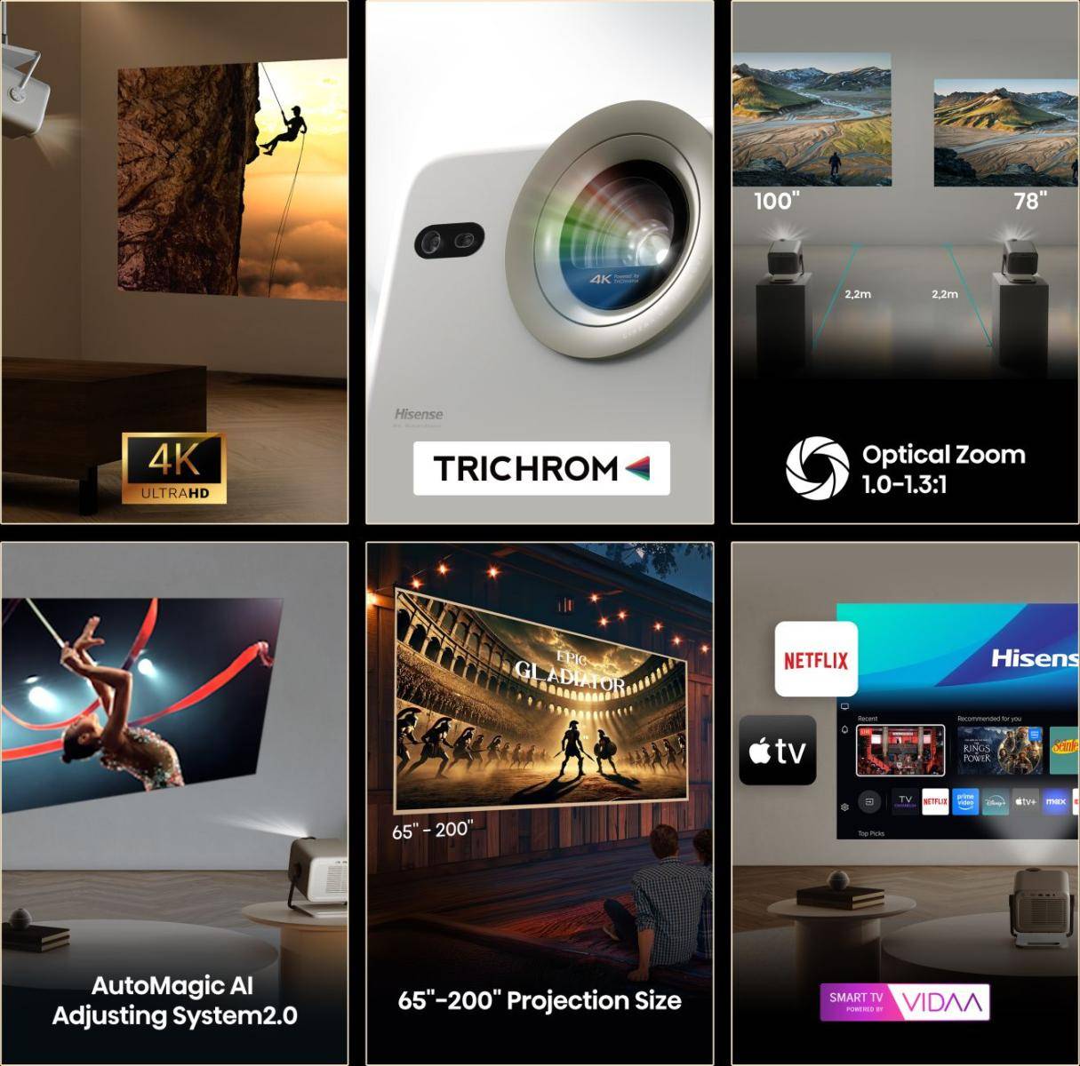 Mini Projetor Laser HISENSE M2 Pro 4K DLP 3D 1300 Lumens ANSI Wi-Fi Bluetooth AirPlay Cinza - Imagem 5