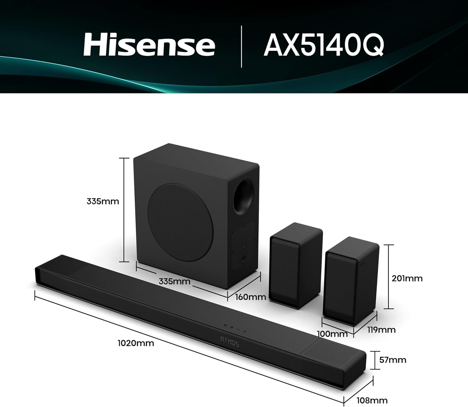 Sistema de Som Soundbar Hisense AX5140Q Canal 5.1.4 Surround Sem Fios Bluetooth HDMI USB Preto - Imagem 3