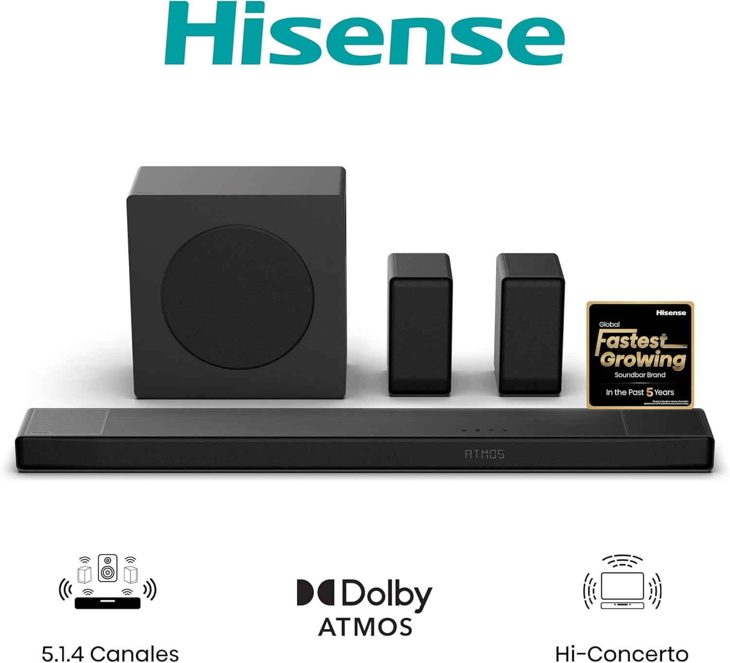 Sistema de Som Soundbar Hisense AX5140Q Canal 5.1.4 Surround Sem Fios Bluetooth HDMI USB Preto - Imagem 2