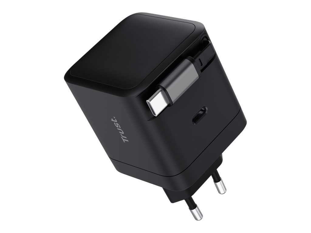 Carregador USB-C PD 65W TRUST Maxo com Cabo Retrátil para Portátil Tablet e Smartphone Preto