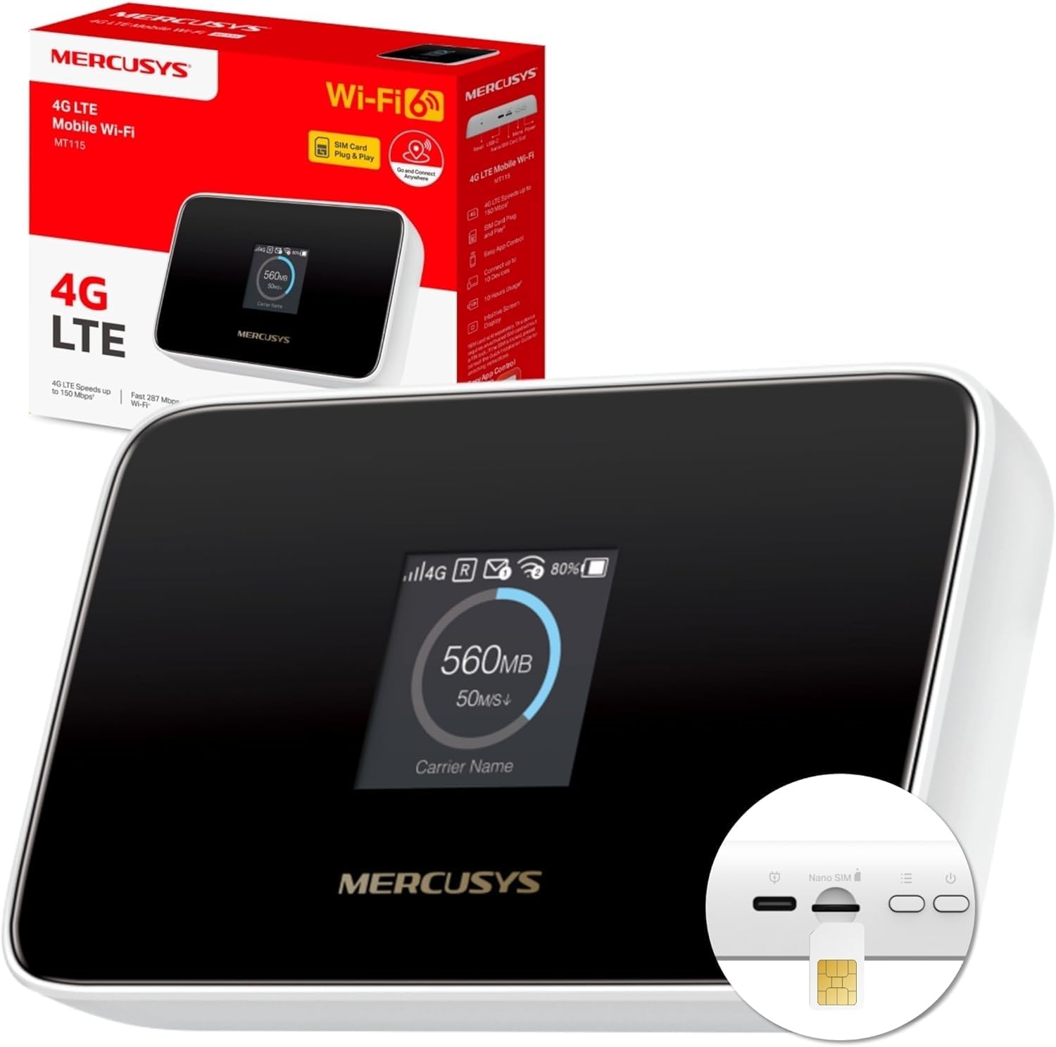 Hotspot Móvel Mercusys MT115 V1 4G LTE 150 Mbps Wi-Fi 6 Bateria 2400 mAh até 10 Dispositivos
