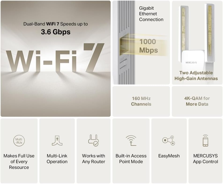 Extensor de Alcance Wi-Fi Mercusys ME25BE BE3600 Wi-Fi 7 Dual-Band 3600Mbps 1GbE Branco - Imagem 2