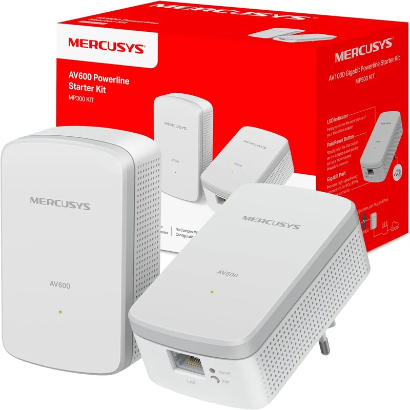 Adaptador Powerline Mercusys MP300 KIT V1 AV600 600Mbps 300m 1 Porta LAN Pack de 2