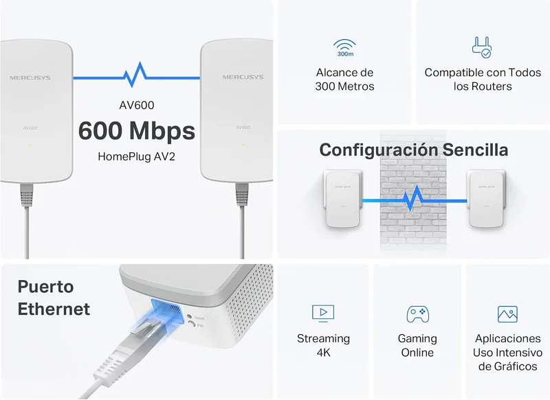 Adaptador Powerline Mercusys MP300 KIT V1 AV600 600Mbps 300m 1 Porta LAN Pack de 2 - Imagem 2