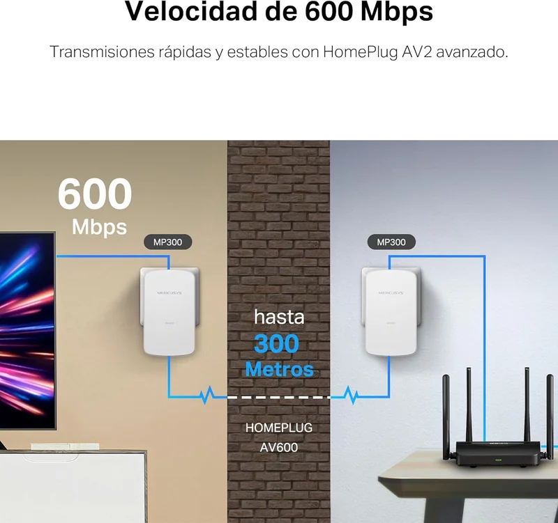 Adaptador Powerline Mercusys MP300 KIT V1 AV600 600Mbps 300m 1 Porta LAN Pack de 2 - Imagem 4