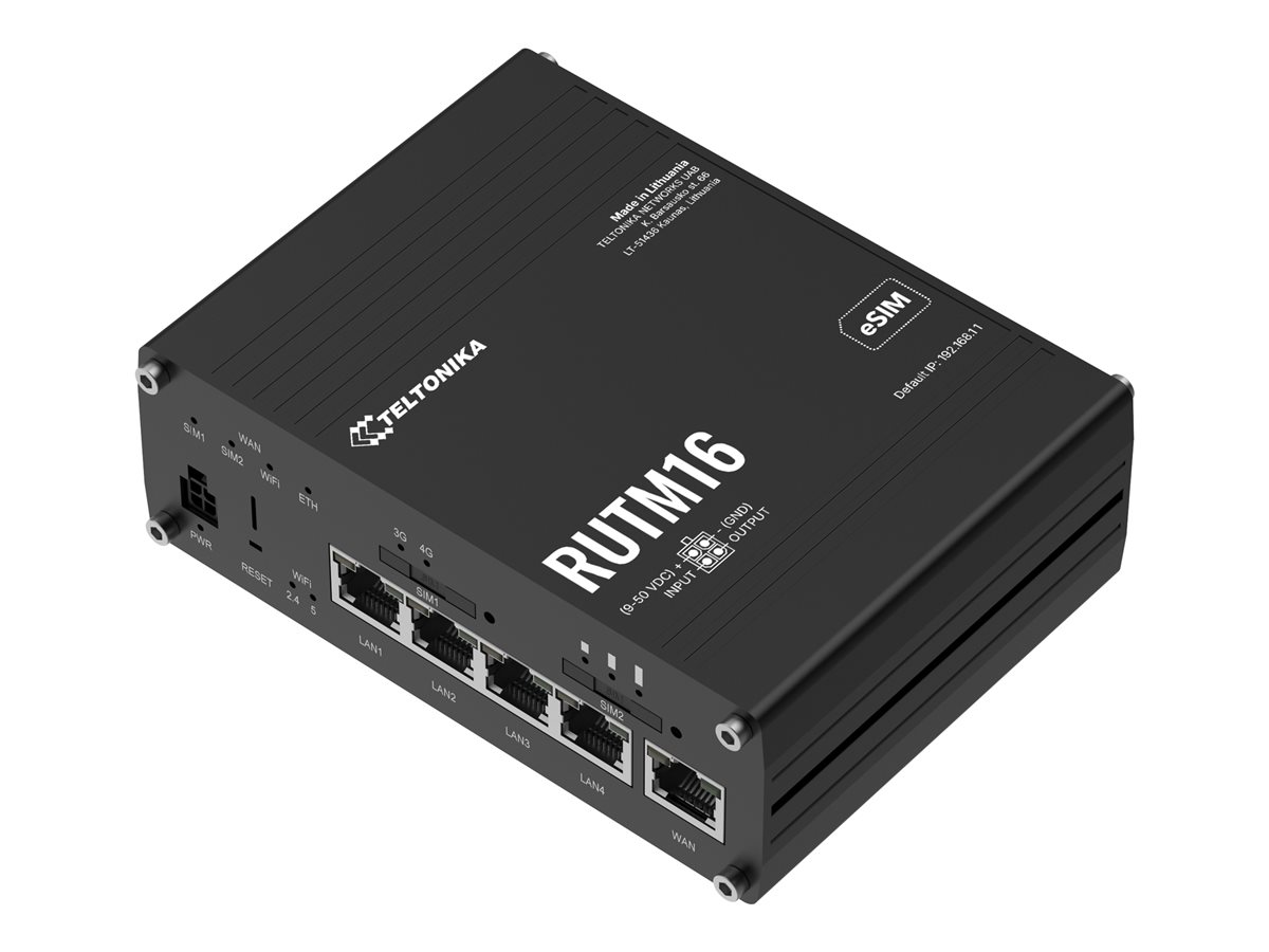 Router 4G LTE Teltonika RUTM16 Dual-Band Wi-Fi 5 Gigabit Ethernet 4 Portas eSIM Modem Global Telit Industrial DIN Rail