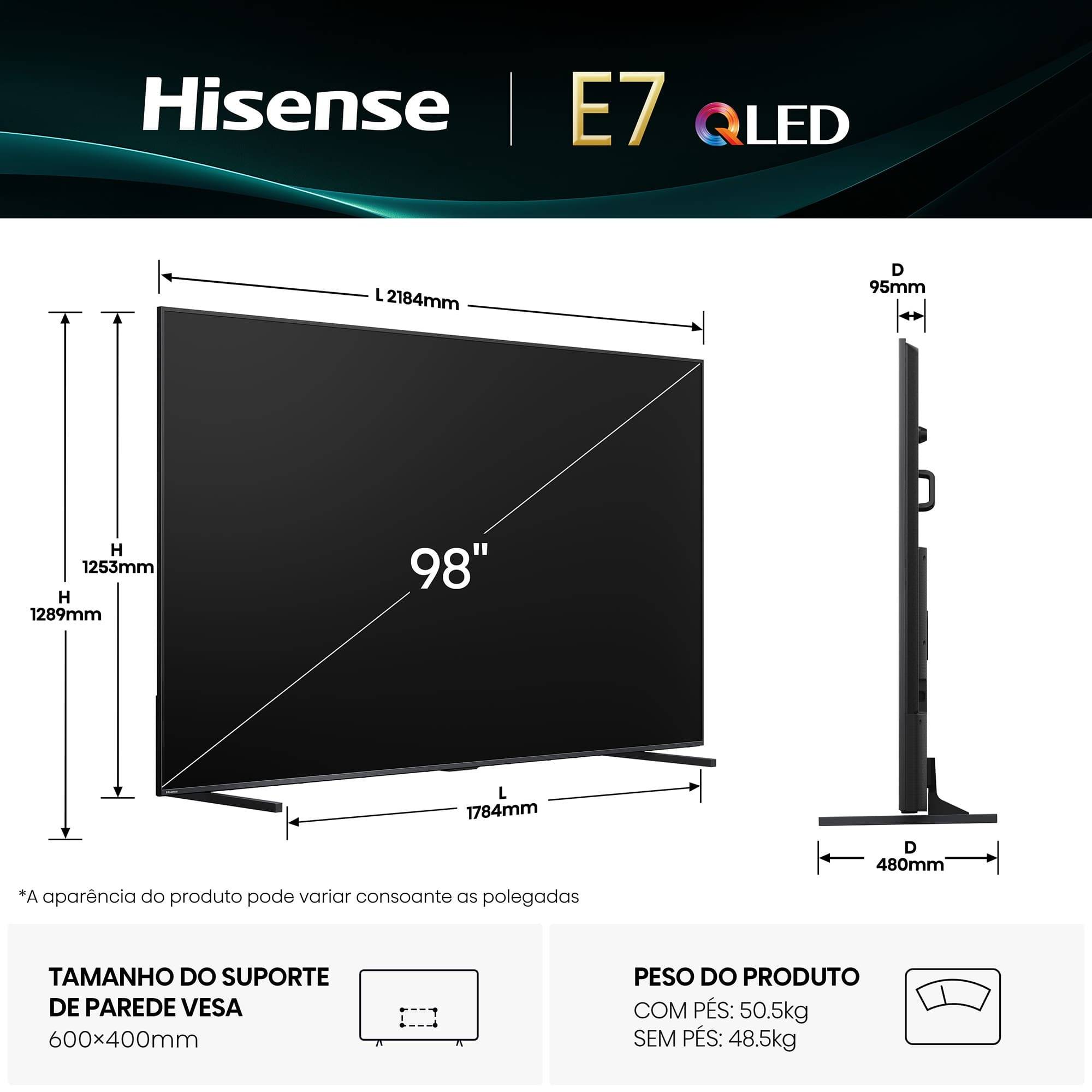 Smart TV Hisense 98E7Q 98" QLED 4K Ultra HD 120Hz HDR Quantum Dot VIDAA Preto e Carvão Cinzento - Imagem 2