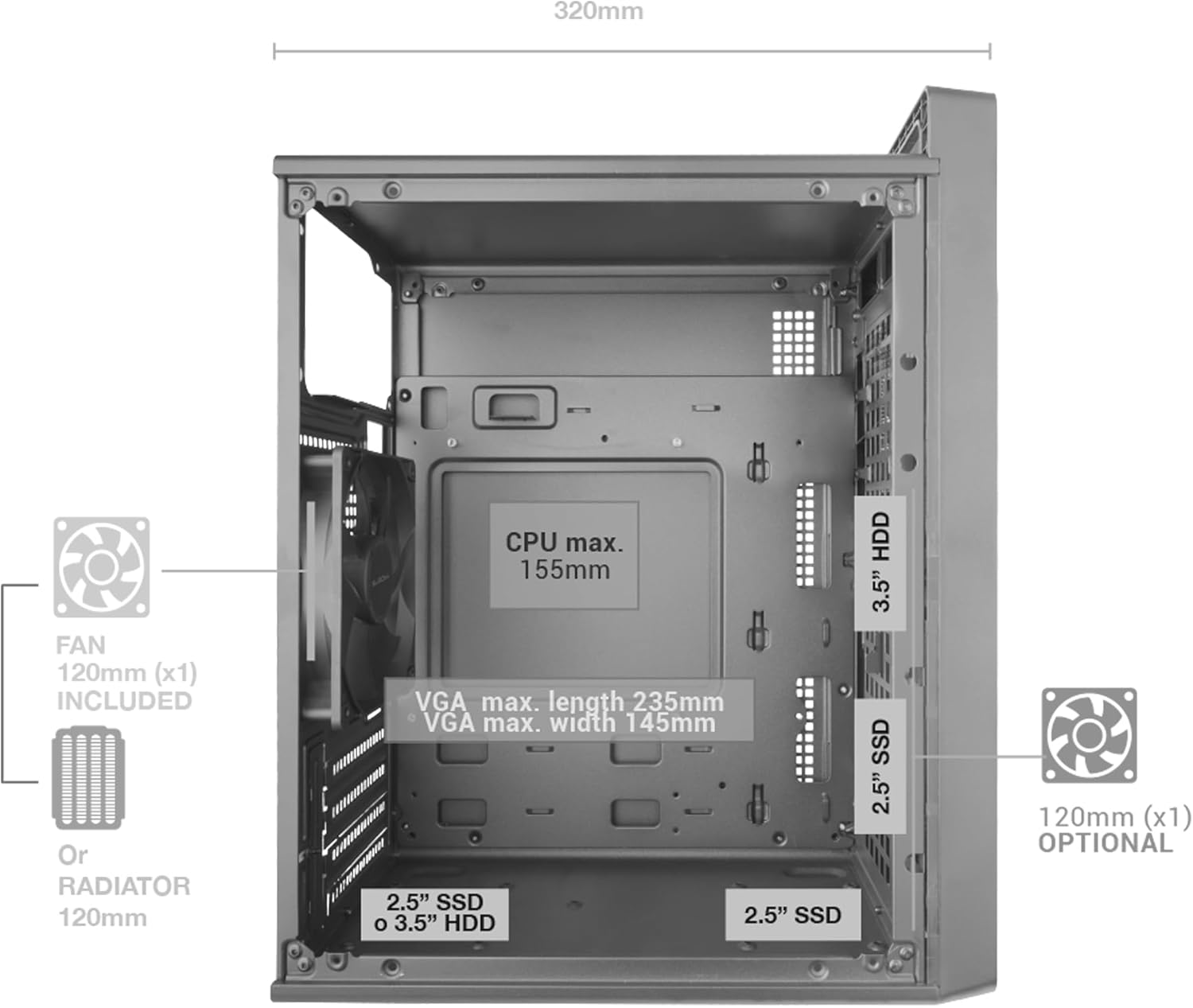 Caixa PC Tacens Fortis II Mini-Torre Micro-ATX Front Mesh Ventilador 120mm Preto - Imagem 7